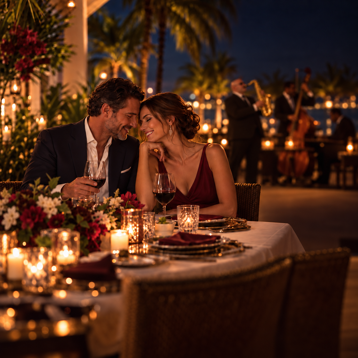add-10lbs-to-saxophone-player-maintain-Kx1PlZ Elegant couple sharing a candlelit dinner amid tropical evening ambiance