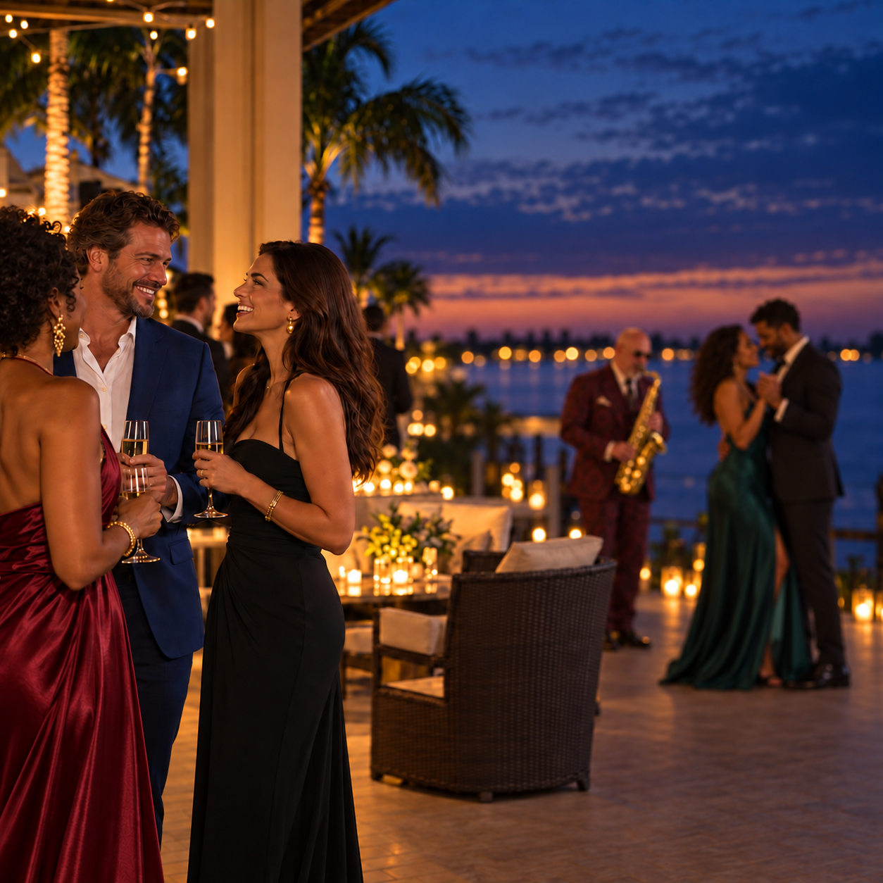 keep-fore-ground-the-same-change-AKKnVL Elegant guests mingle beside a warmly lit Florida waterfront jazz performance