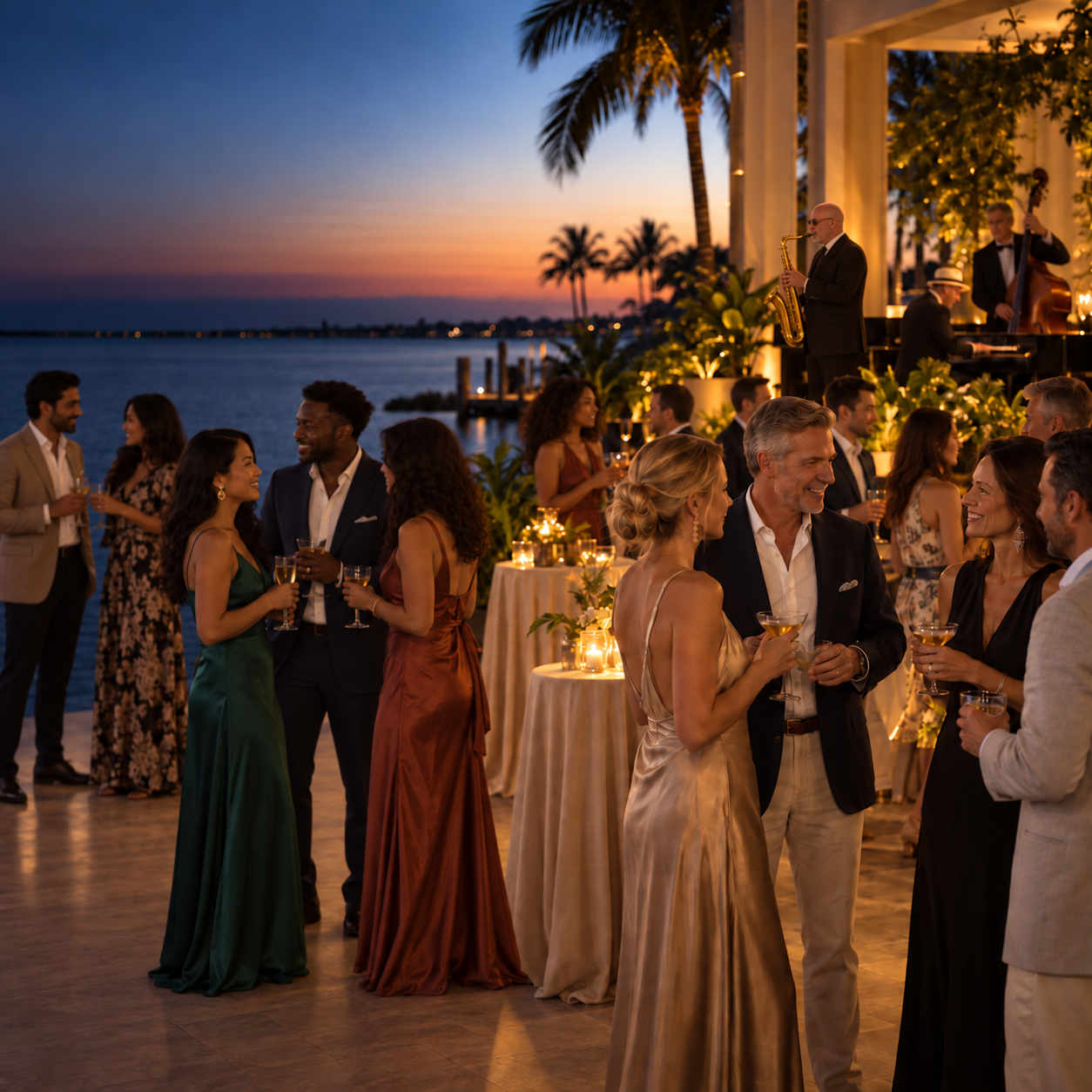 reverse-angle-of-saxophone-player-only-DSmW55 Elegant guests mingle at a candlelit waterfront cocktail reception